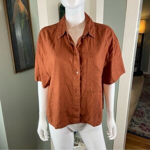 Abercrombie & Fitch Cropped Camp Collar Summer Linen Blend Button-Down Shirt Top